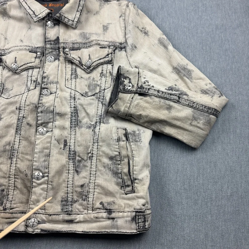 VTG‎ Rock Revival Jacket Mens XL Gray Distressed Studded Rare Custom Patch Skull